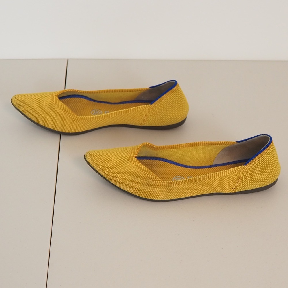 Rothys The Point Pointed Toe Ballet Flats Women's Sz 6 Yellow Marigold Blue Trim - Picture 5 of 10